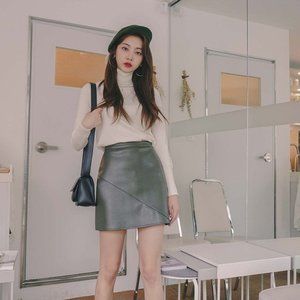 Turtleneck Knit Top Beige One Size